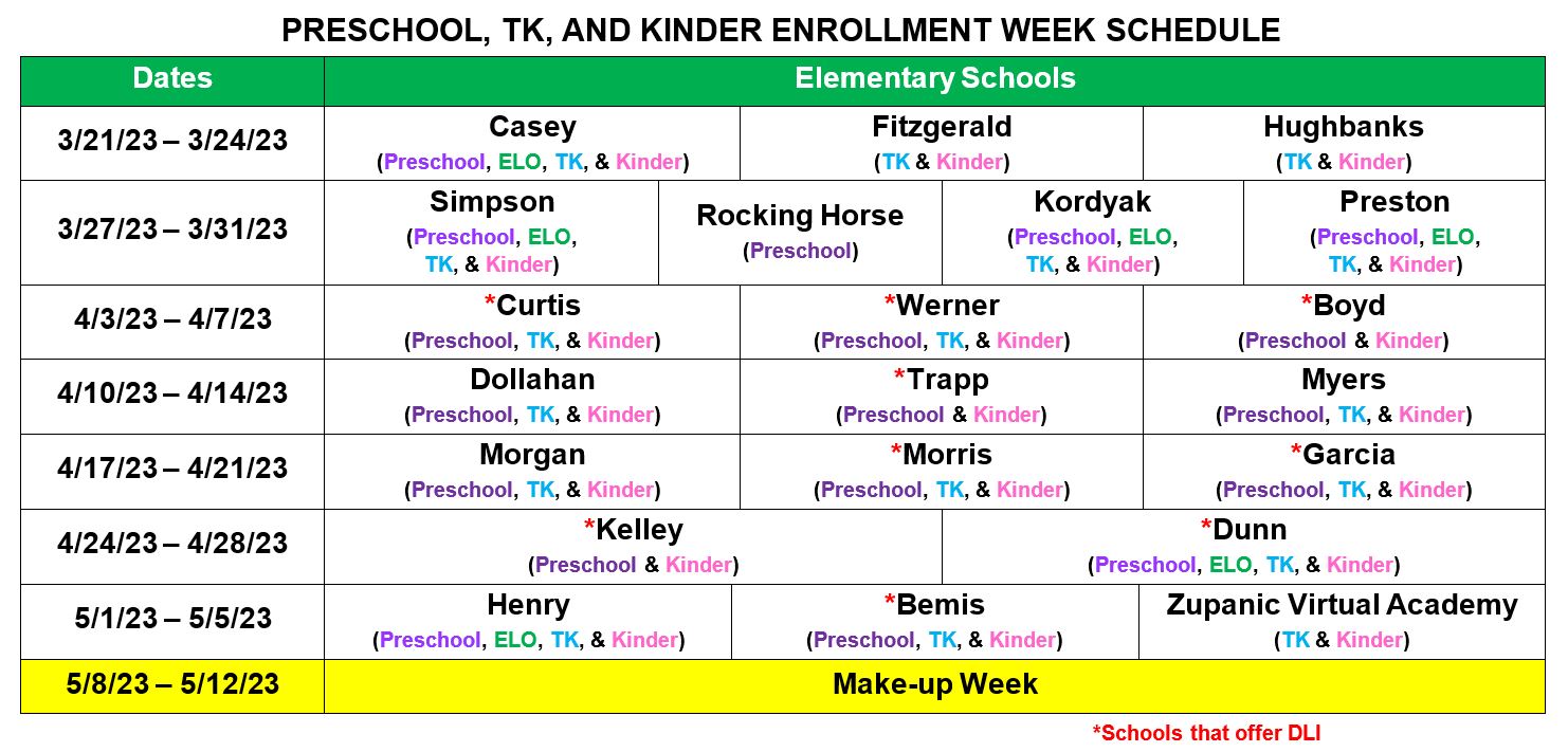 Preschool, TK, K Enrollment Week Schedule